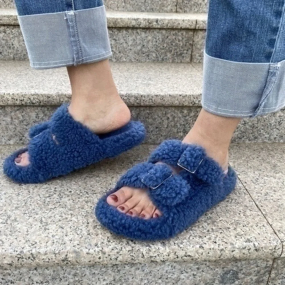 Teddy Slippers Plush Slides Blue Size 11 or Size 12